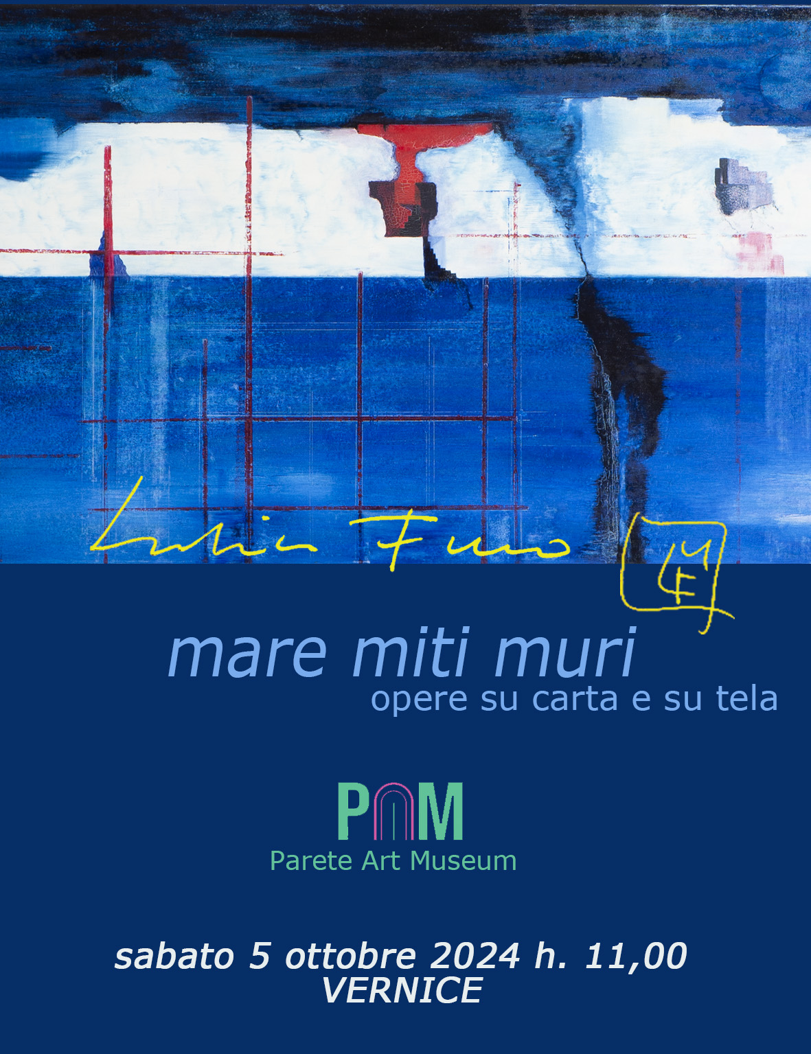 <p>MARE/MITI/MURI – mostra personale di Ludovico Maria Fusco Un successo, così si può definire il vernissage della mostra personale dell’Architetto Ludovico Maria Fusco, titolata “Mare/Miti/muri, tenutasi Il 5 ottobre 2024 presso il Museo d’arte PAM, inserito nel palazzo ducale della città di Parete (CE). Tante belle persone interessate all’artista hanno […]</p>
